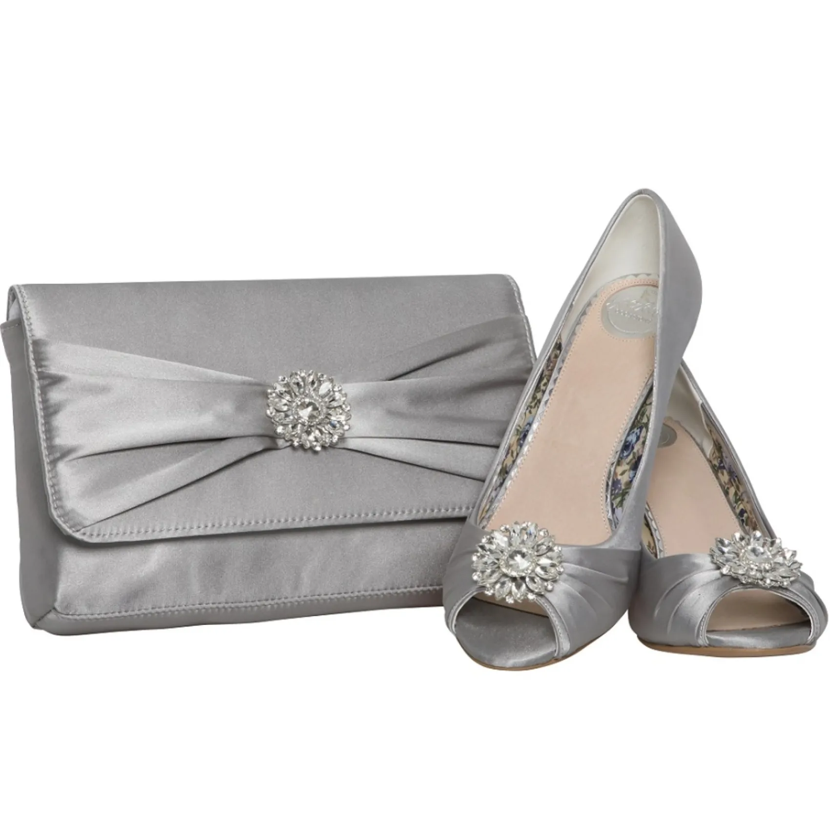 Perfect Bridal Gina Silber Satin Peep Toe Schuhe mit Kristallbesatz* Schuhe Für Hochzeitsgäste | Schuhe Für Die Mutter Der Braut