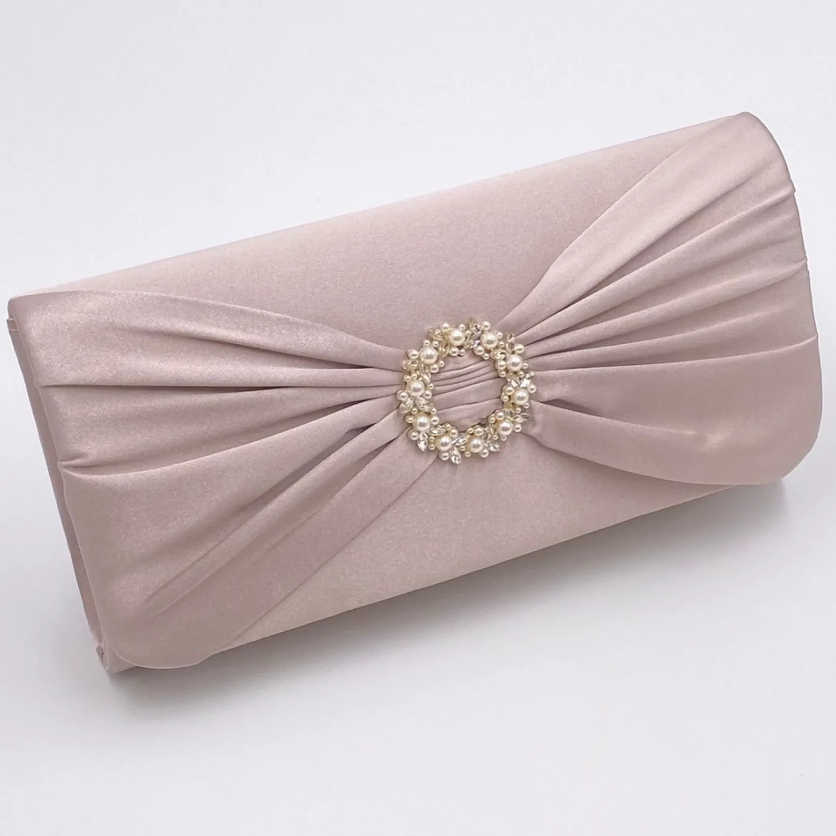 Perfect Bridal Harlow Taupe Satin Perlenbrosche Clutch Tasche* Anlass Handtaschen