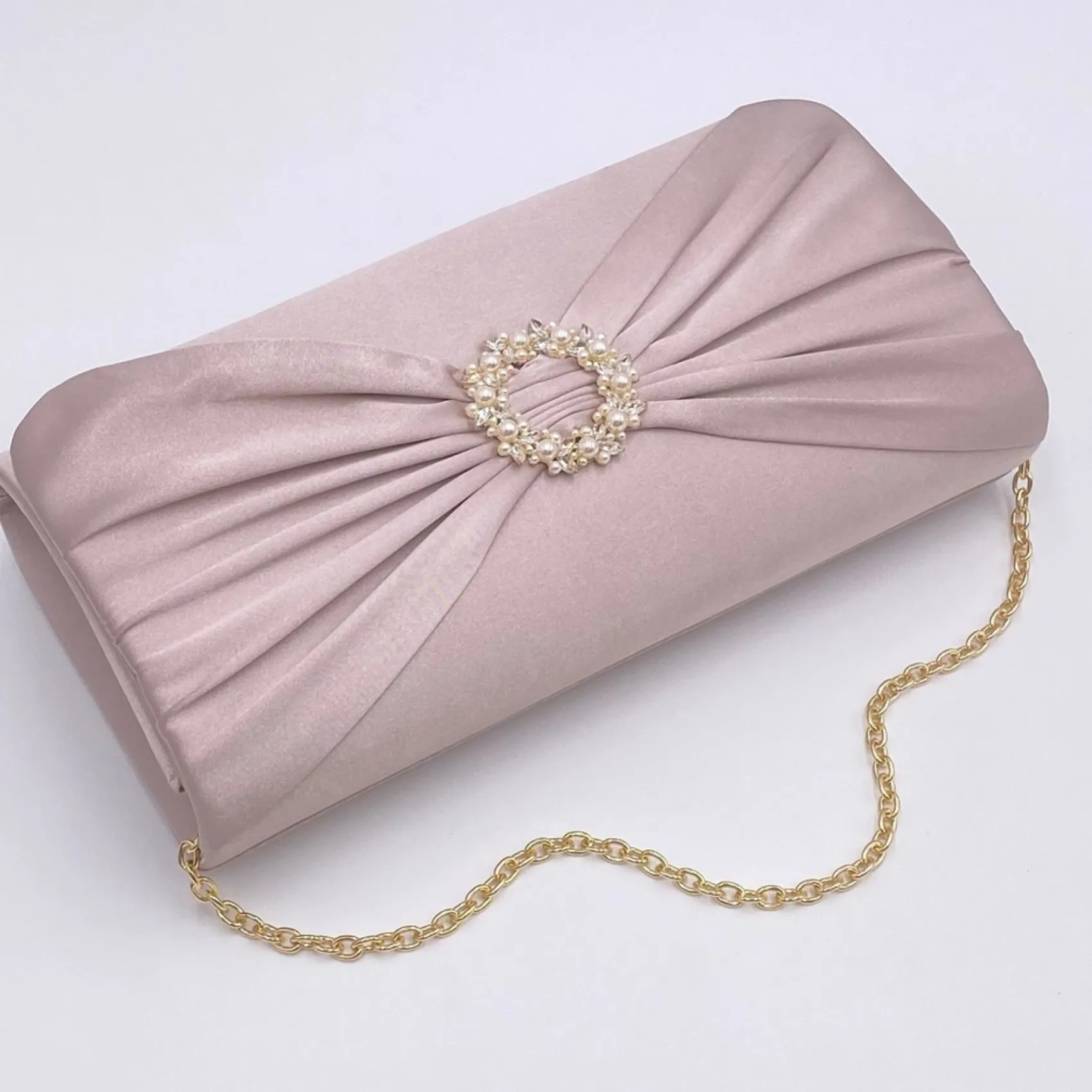 Perfect Bridal Harlow Taupe Satin Perlenbrosche Clutch Tasche* Anlass Handtaschen