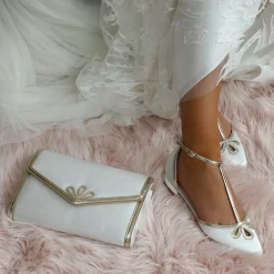 Perfect Bridal Harper Färbbare Elfenbein Satin und Gold T-Bar Flats* Hochzeitsschuhe | Schuhe Zum Färben