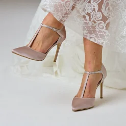Perfect Bridal Jessica Taupe Satin High Heel Diamante T-Bar Schuhe* Party-schuhe | Schuhe Für Hochzeitsgäste