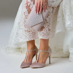 Perfect Bridal Jessica Taupe Satin High Heel Diamante T-Bar Schuhe* Party-schuhe | Schuhe Für Hochzeitsgäste