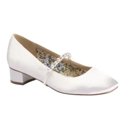 Perfect Bridal Kinsley Elfenbeinfarbene Satin Niedrige Blockabsätze mit Perlenriemen* Hochzeitsschuhe | Schuhe Mit Niedrigem Absatz