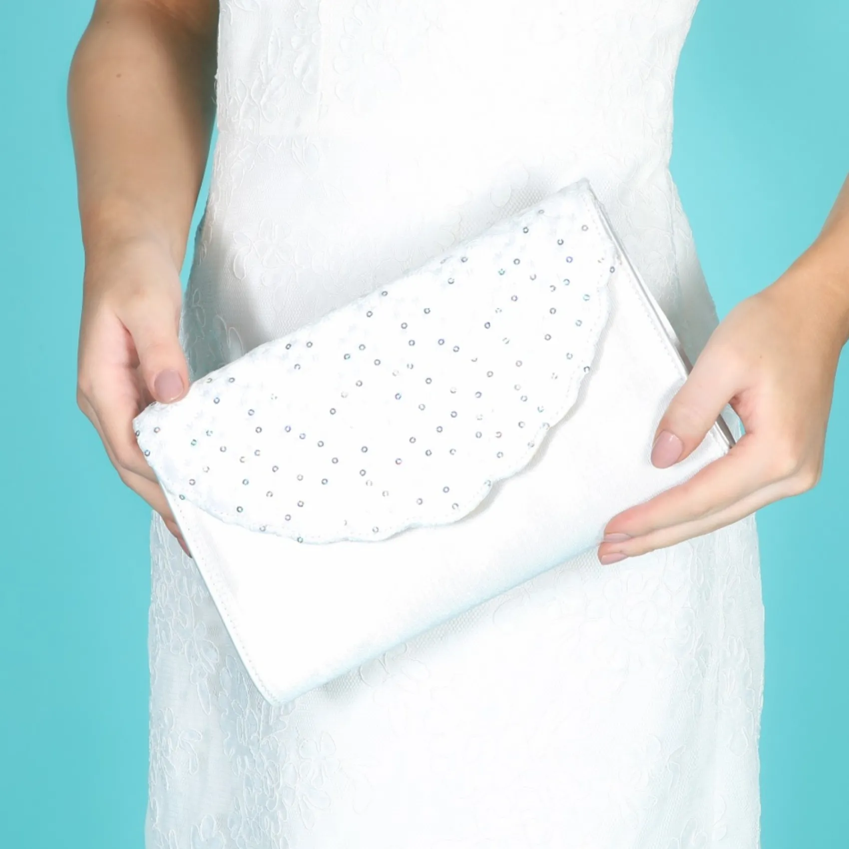 Perfect Bridal Muskatnuss Einfärbbarer elfenbeinfarbener Satin und Paillettenspitze Clutch Bag* Hochzeit Handtaschen