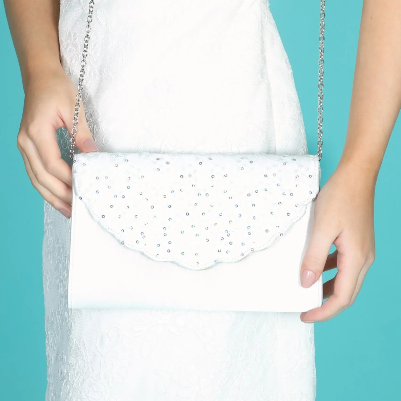 Perfect Bridal Muskatnuss Einfärbbarer elfenbeinfarbener Satin und Paillettenspitze Clutch Bag* Hochzeit Handtaschen