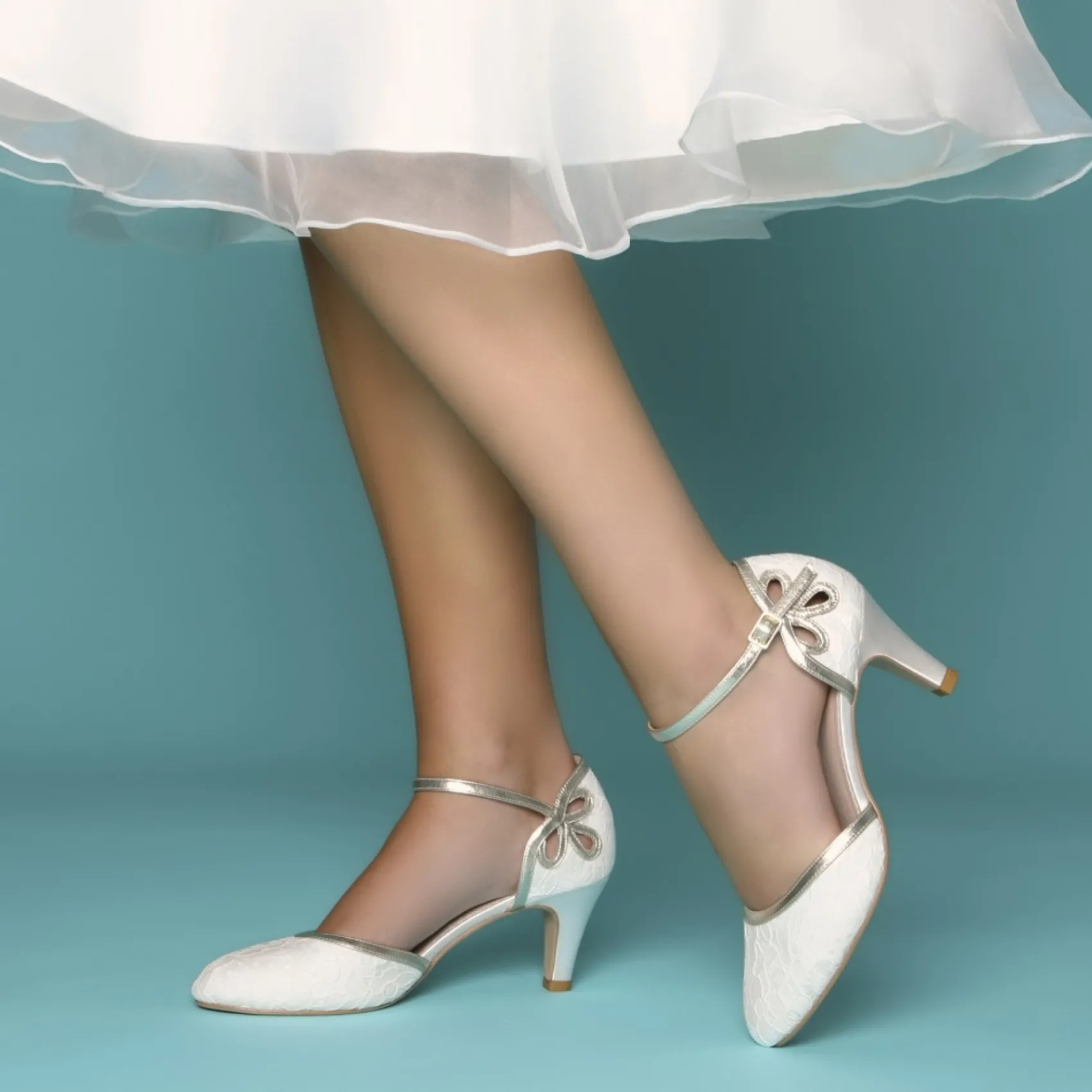 Perfect Bridal Nina Elfenbein Spitze und Gold Knöchelriemen Schuhe* Hochzeitsschuhe | Schuhe Mit Mittlerem Absatz