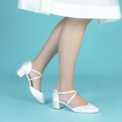 Perfect Bridal Remi Elfenbeinfarbener Satin Court mit Blockabsatz und überkreuzten Trägern* Schuhe Für Die Mutter Der Braut | Hochzeitsschuhe
