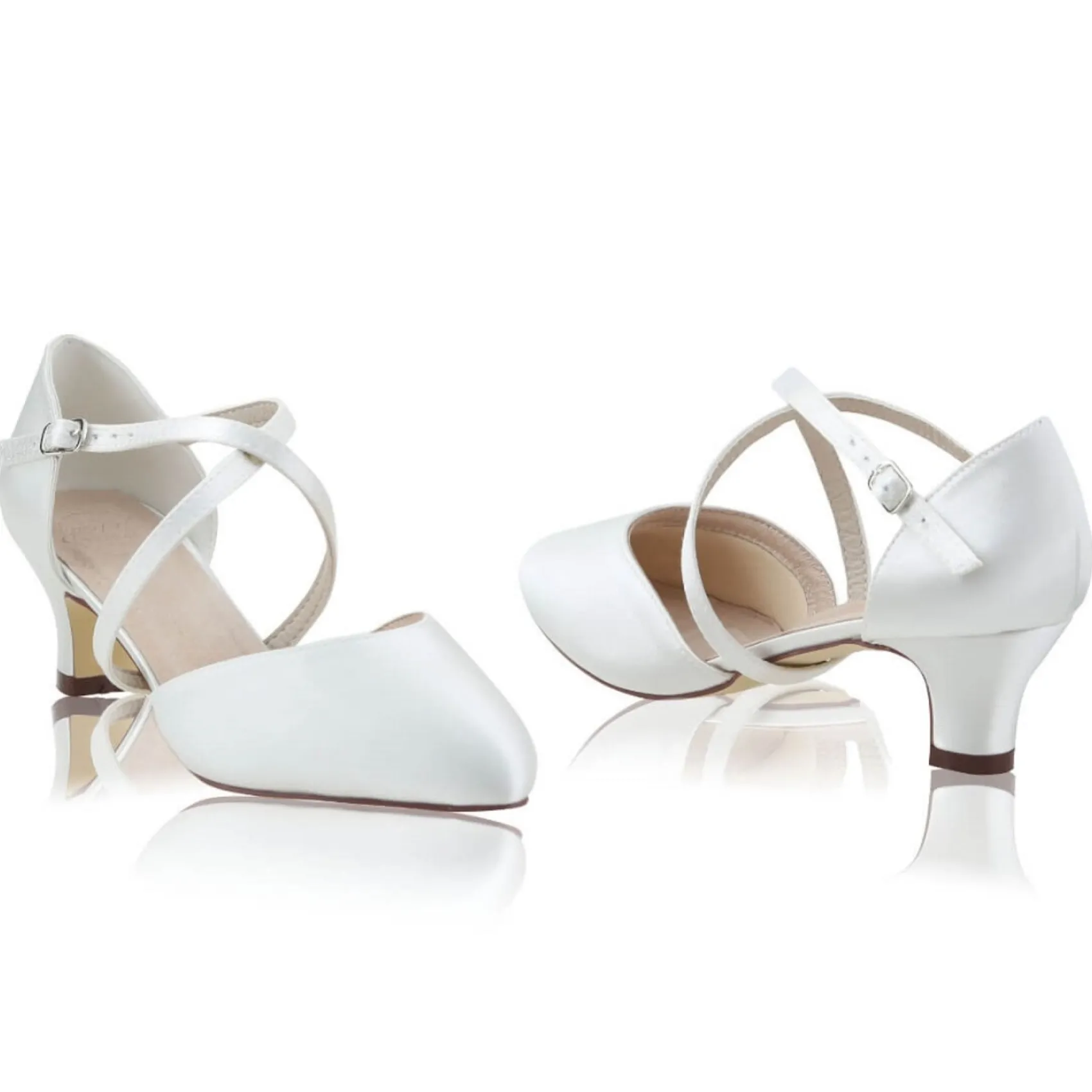 Perfect Bridal Renate Elfenbeinfarbene Satin-Absatzstiefel mit überkreuzten Riemen* Hochzeitsschuhe | Schuhe Mit Niedrigem Absatz