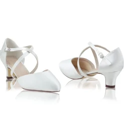 Perfect Bridal Renate Elfenbeinfarbene Satin Absatzstiefel mit Riemen (Weite Passform)* Hochzeitsschuhe | Schuhe Mit Niedrigem Absatz