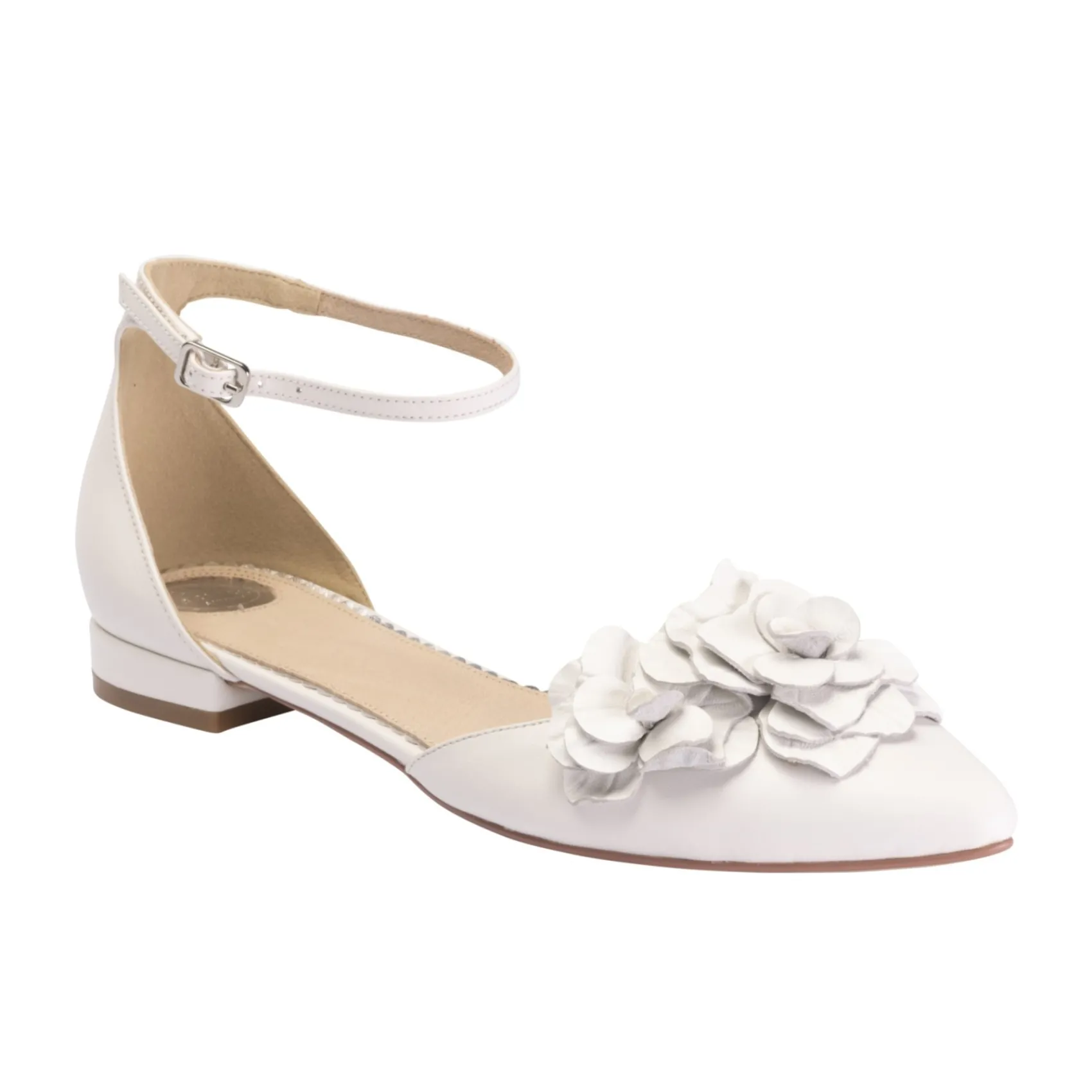Perfect Bridal Roma Elfenbeinfarbenes Leder Floral Knöchelriemen Flats* Hochzeitsschuhe | Vintage Hochzeitsschuhe