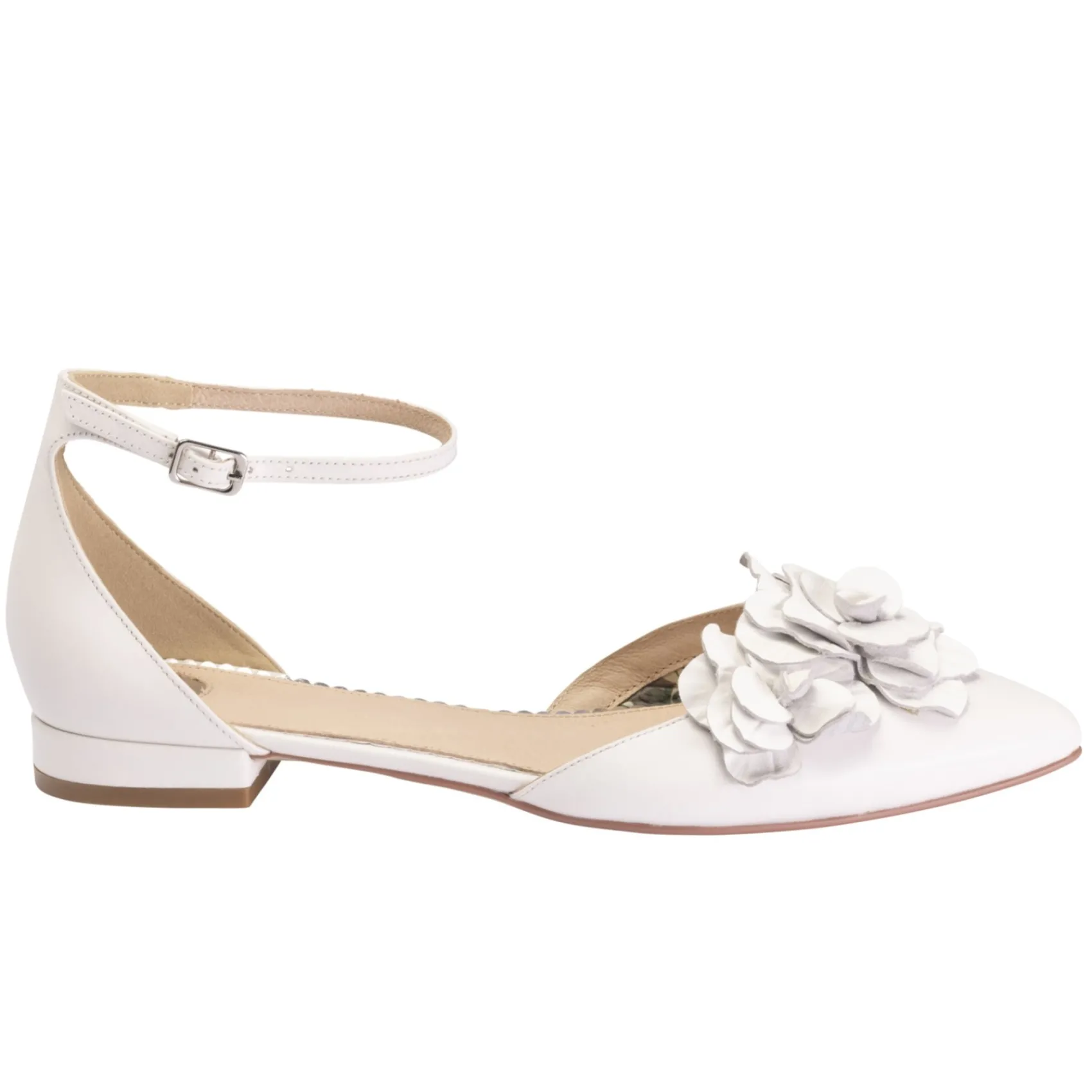 Perfect Bridal Roma Elfenbeinfarbenes Leder Floral Knöchelriemen Flats* Hochzeitsschuhe | Vintage Hochzeitsschuhe