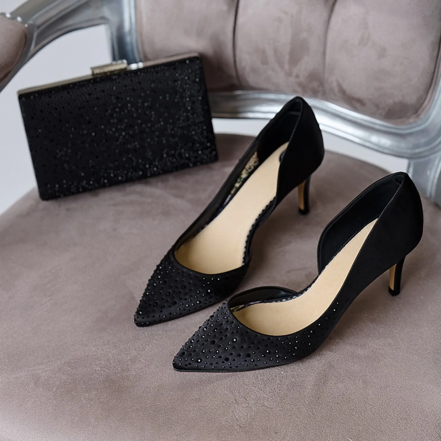 Perfect Bridal Sienna Schwarz Satin Crystal Open Waist Pointed Courts* Party-schuhe | Schuhe Für Hochzeitsgäste