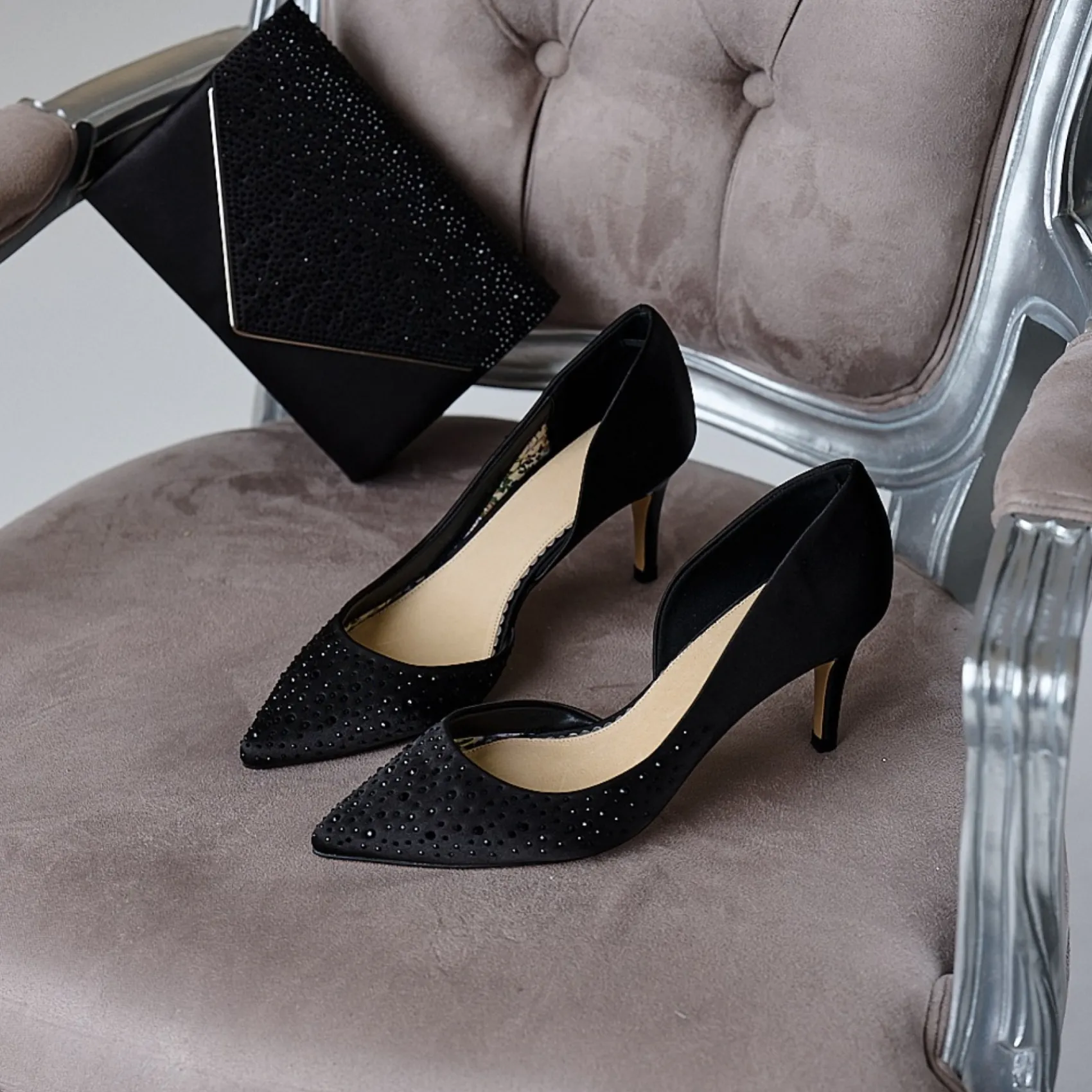Perfect Bridal Sienna Schwarz Satin Crystal Open Waist Pointed Courts* Party-schuhe | Schuhe Für Hochzeitsgäste