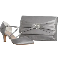 Perfect Bridal Sonya Silberne Satin Mid Heel Courts mit Crossover-Riemen* Schuhe Für Hochzeitsgäste | Schuhe Für Die Mutter Der Braut