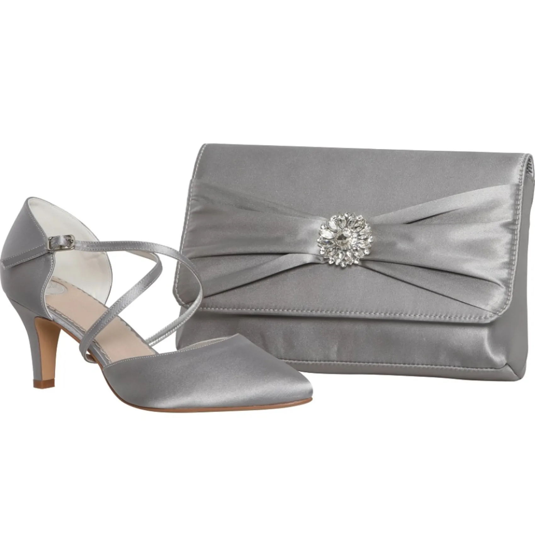 Perfect Bridal Sonya Silberne Satin Mid Heel Courts mit Crossover-Riemen* Schuhe Für Hochzeitsgäste | Schuhe Für Die Mutter Der Braut