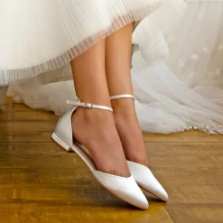 Perfect Bridal Tilly Färbbar Elfenbein Satin Knöchelriemen Flats* Hochzeitsschuhe | Schuhe Zum Färben