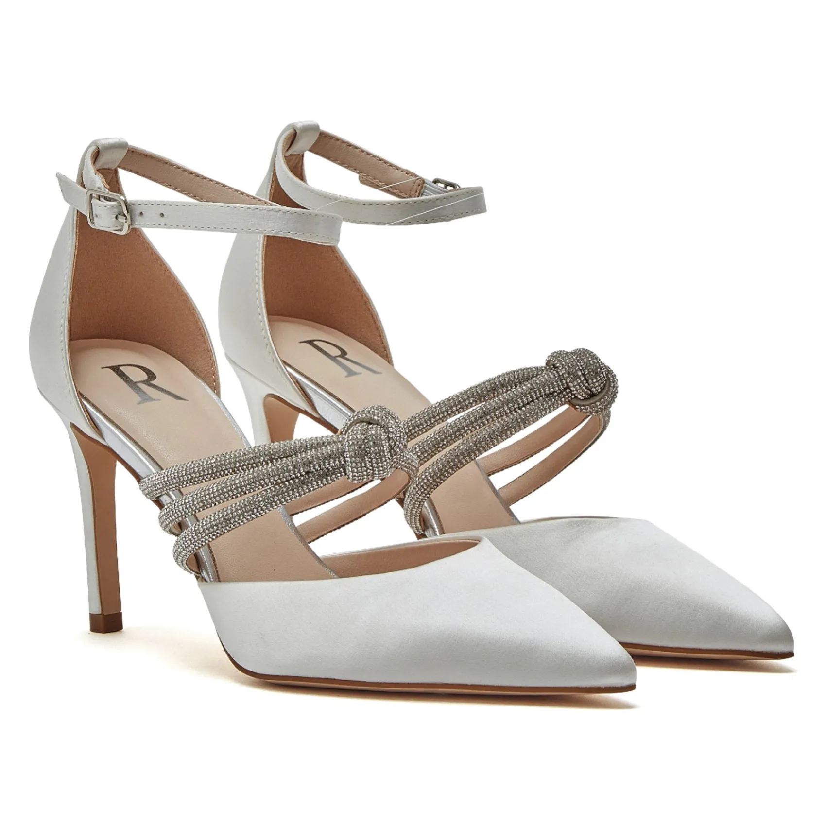Rainbow Club R Sammlung Emery Elfenbein Satin Diamante geknotet Knöchelriemen Heels* Glitzernde Ballschuhe | Weiße Ballschuhe