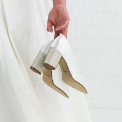 Rainbow Club Bambi Elfenbeinfarbener Satin und Silberner Gitter Blockabsatz Pumps* Schuhe Für Hochzeitsgäste | Hochzeitsschuhe