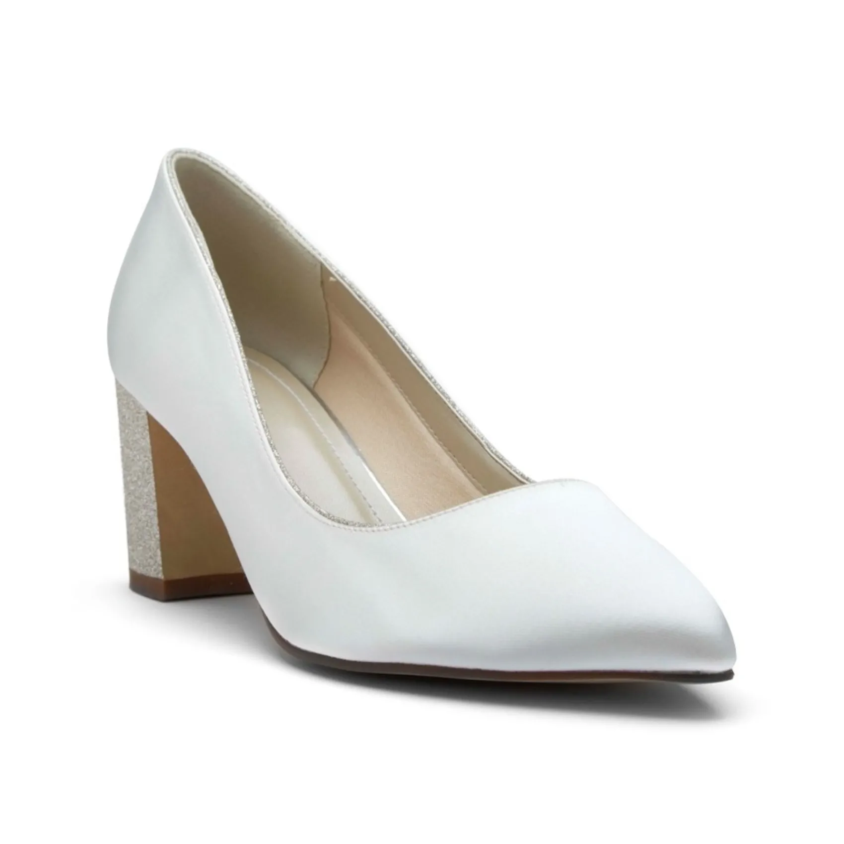 Rainbow Club Bambi Elfenbeinfarbener Satin und Silberner Gitter Blockabsatz Pumps* Schuhe Für Hochzeitsgäste | Hochzeitsschuhe