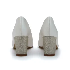 Rainbow Club Bambi Elfenbeinfarbener Satin und Silberner Gitter Blockabsatz Pumps* Schuhe Für Hochzeitsgäste | Hochzeitsschuhe