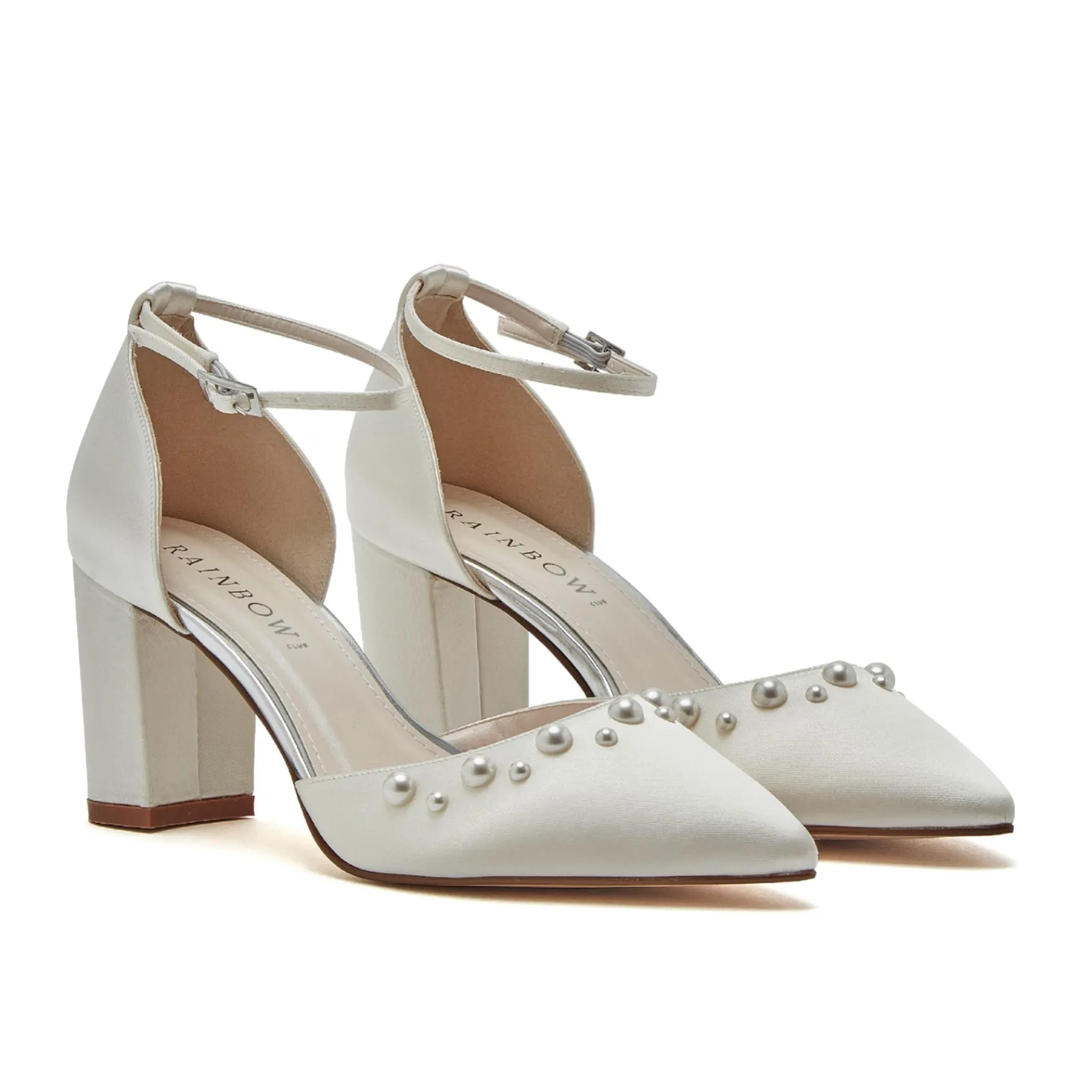 Rainbow Club Hannah Färbbare Elfenbein Satin Breite Passform Perle Block Heels* Hochzeitsschuhe | Schuhe Mit Mittlerem Absatz