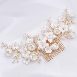 Lace & Favour Rosewood Porzellan Blumen und Kristall Gold Haarkamm* Haarschmuck Aus Kristall | Gold-haar-accessoires