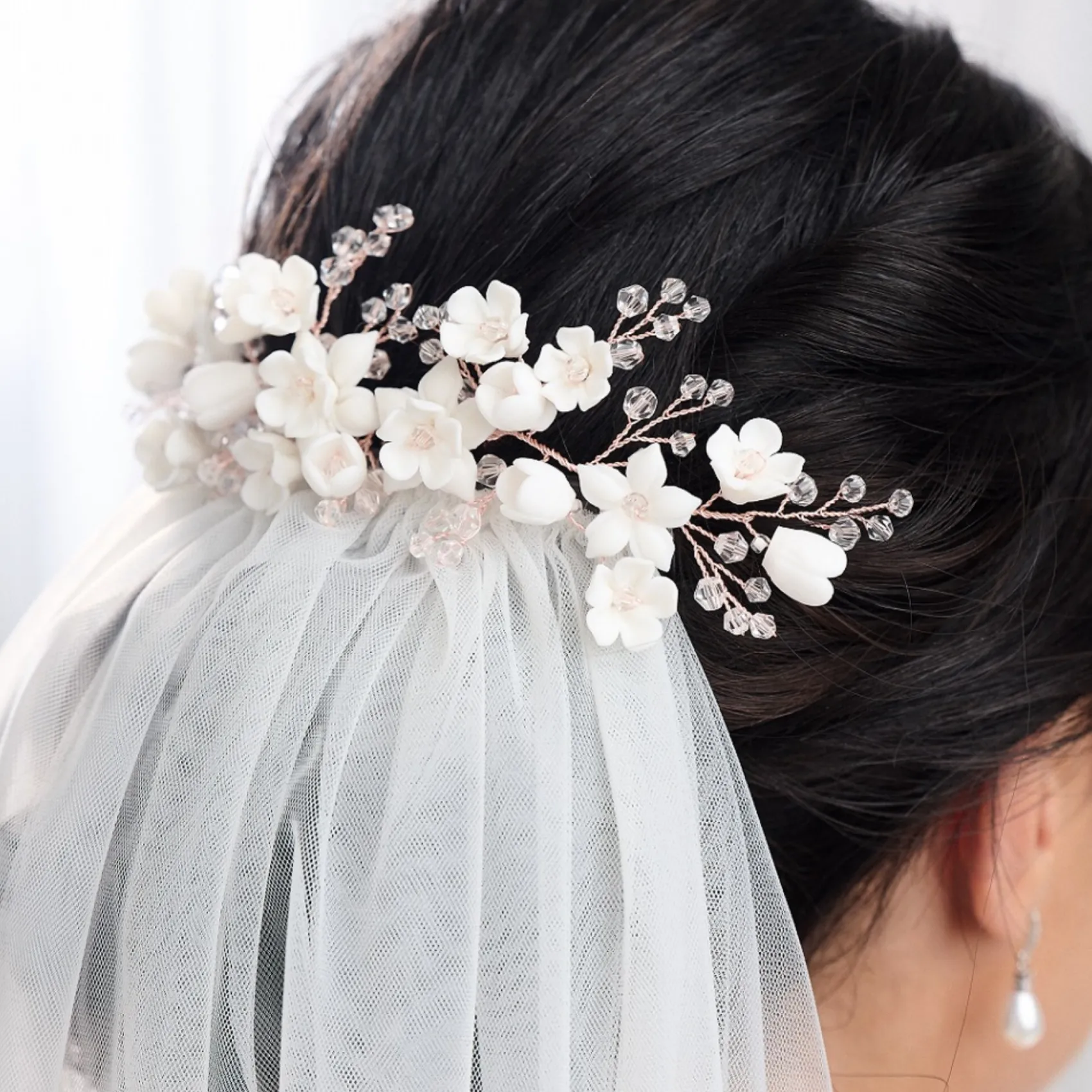 Lace & Favour Rosewood Porzellan Blumen und Kristall Rose Gold Haarkamm* Haarschmuck Aus Kristall | Haarschmuck In Roségold