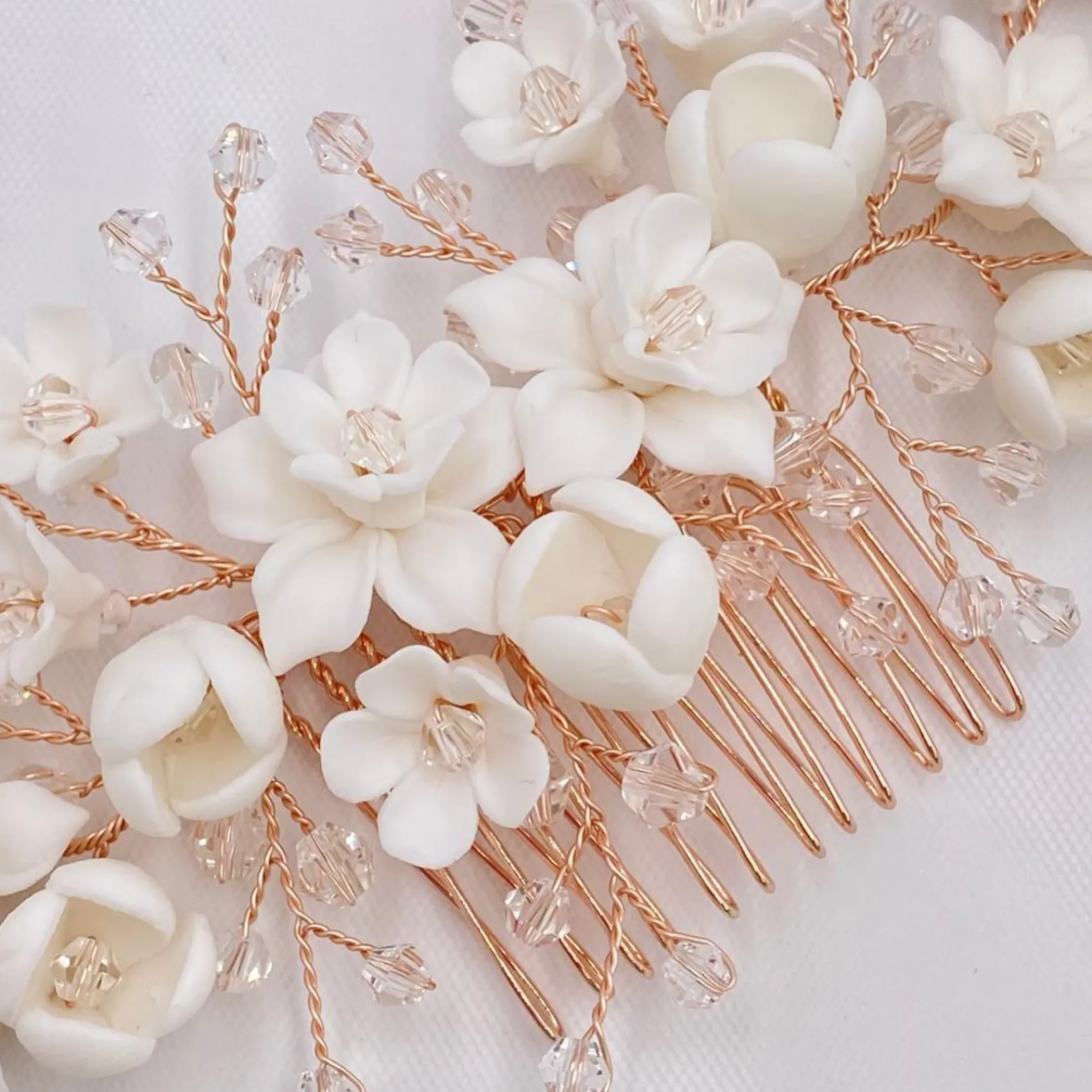 Lace & Favour Rosewood Porzellan Blumen und Kristall Rose Gold Haarkamm* Haarschmuck Aus Kristall | Haarschmuck In Roségold