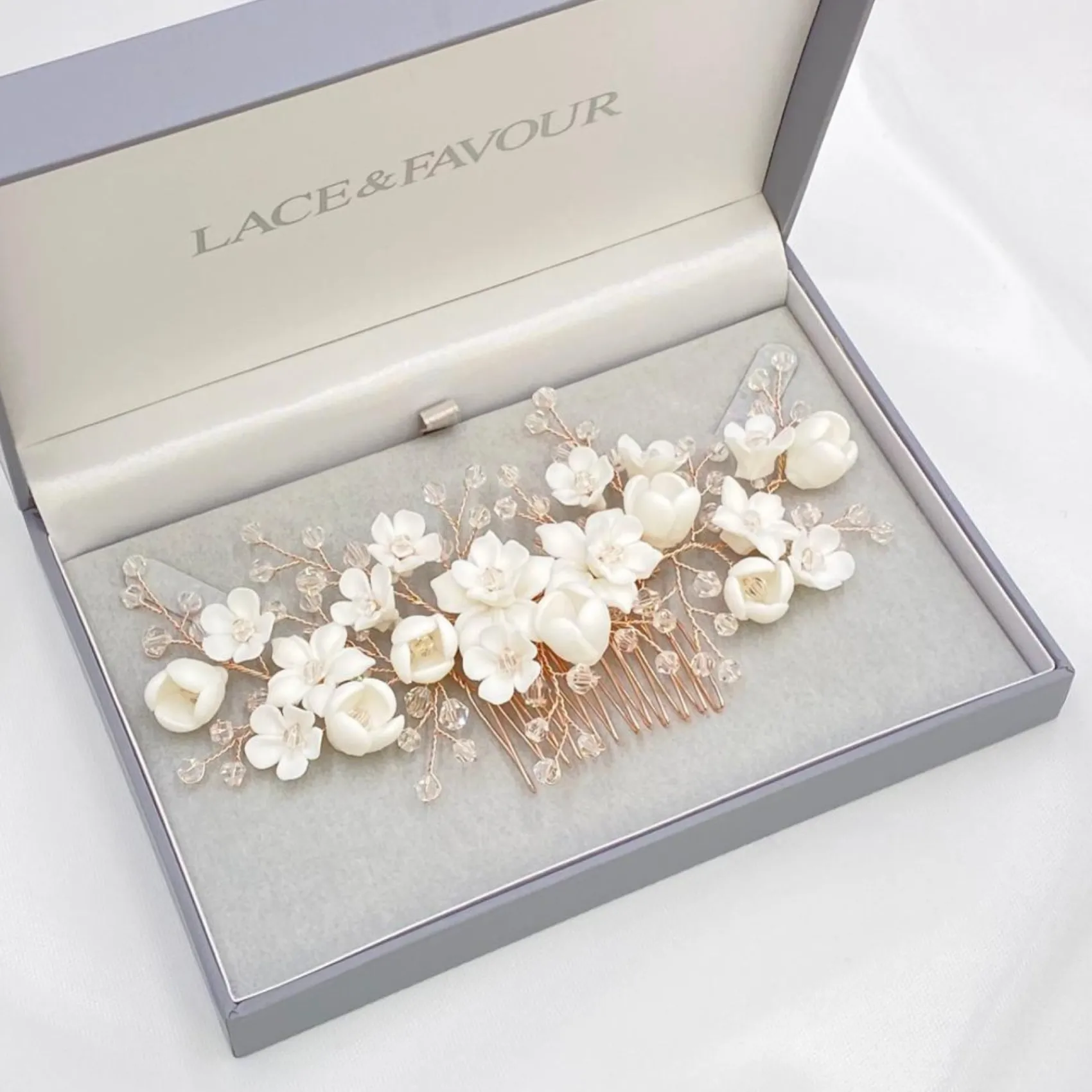 Lace & Favour Rosewood Porzellan Blumen und Kristall Rose Gold Haarkamm* Haarschmuck Aus Kristall | Haarschmuck In Roségold