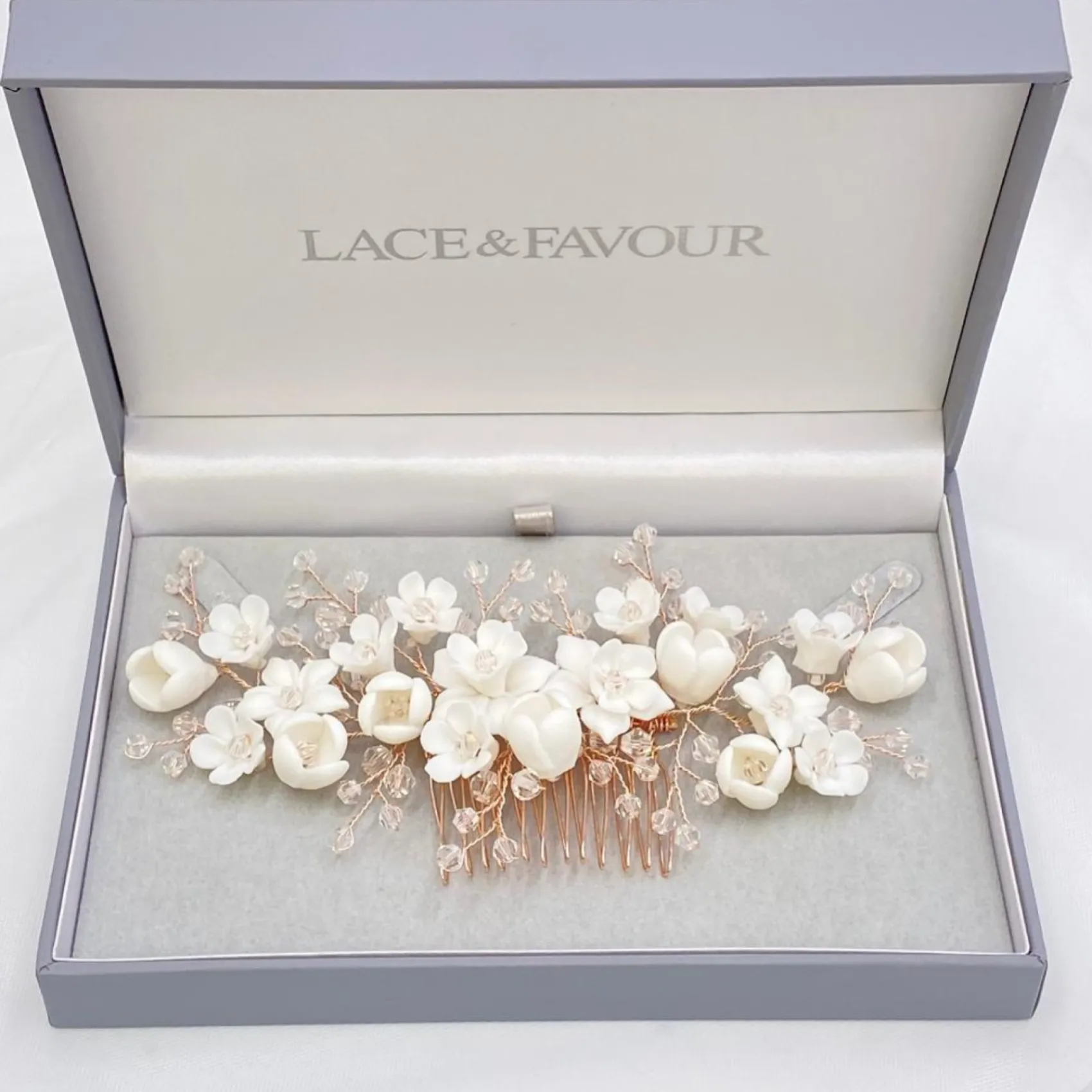Lace & Favour Rosewood Porzellan Blumen und Kristall Rose Gold Haarkamm* Haarschmuck Aus Kristall | Haarschmuck In Roségold