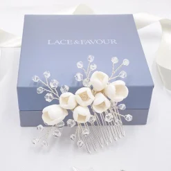 Lace & Favour Schneeglöckchen Porzellan Blumen und Kristall Mini-Haarkamm* Haarschmuck Aus Kristall | Silberne Haar-accessoires