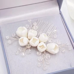 Lace & Favour Schneeglöckchen Porzellan Blumen und Kristall Mini-Haarkamm* Haarschmuck Aus Kristall | Silberne Haar-accessoires