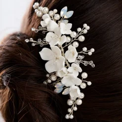 Lace & Favour Seychelles Elfenbein Porzellan Blumen und Perlen Zweige Haarkamm* Haarschmuck Aus Kristall | Perlen-haarschmuck