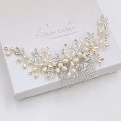 Twilight Designs Sophia Haarkamm mit Süßwasserperlen und Kristallblättern* Perlen-haarschmuck | Silberne Haar-accessoires