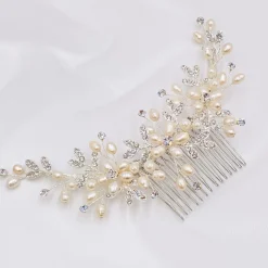 Twilight Designs Sophia Haarkamm mit Süßwasserperlen und Kristallblättern* Perlen-haarschmuck | Silberne Haar-accessoires