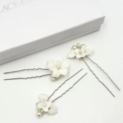 Beads & Beyond Tiffany Set mit 3 Haarnadeln aus Perlen und klarem Kristall mit Blumenmuster* Perlen-haarschmuck | Silberne Haar-accessoires