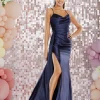 Tiffanys Prom Tiffanys Aura Marineblaues Satin Ballkleid mit Schlitz und Kragen* Tiffanys Illusion Prom Kleider | Marineblaue Ballkleider