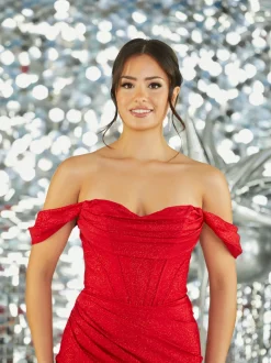 Tiffanys Prom Tiffanys Kennedy Rot Glitzernd Schulterfrei Ballkleid mit Schlitz* Tiffanys Illusion Prom Kleider | Rote Ballkleider