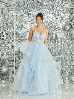 Tiffanys Prom Tiffanys Skye Blassblaues glitzerndes gerafftes Ballkleid mit geblümtem Mieder* Tiffanys Illusion Prom Kleider | Hellblaue Ballkleider