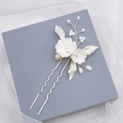Lace & Favour Tulippa Porzellan Blumen und Silberblätter Haarnadel* Perlen-haarschmuck | Silberne Haar-accessoires