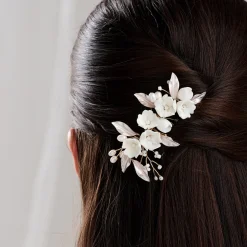 Lace & Favour Tulippa Porzellan Blumen und Champagner Blattgold Haarkamm* Perlen-haarschmuck | Gold-haar-accessoires