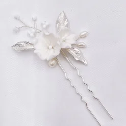 Lace & Favour Tulippa Porzellan Blumen und Silberblätter Haarnadel* Perlen-haarschmuck | Silberne Haar-accessoires