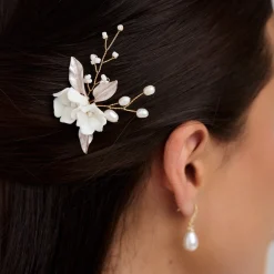 Lace & Favour Tulippa Porzellan Blumen und Champagner Gold Blätter Haarnadel* Perlen-haarschmuck | Gold-haar-accessoires