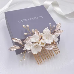 Lace & Favour Tulippa Porzellan Blumen und Champagner Blattgold Haarkamm* Perlen-haarschmuck | Gold-haar-accessoires