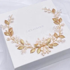 Lace & Favour Woodland Dream Goldene Blätter und Süßwasserperlen Haarstrang* Perlen-haarschmuck | Gold-haar-accessoires