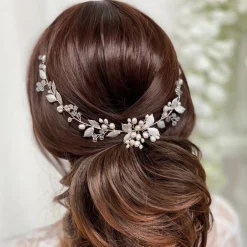 Lace & Favour Woodland Dream Silberne Blätter und Süßwasserperlen Haarstrang* Perlen-haarschmuck | Silberne Haar-accessoires