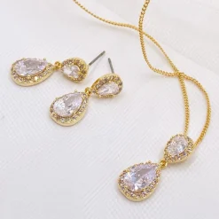Lace & Favour Zara Gold Teardrop Kristall Hochzeitsschmuck Set* Goldener Abschlussball-schmuck | Abschlussball-schmuck-sets