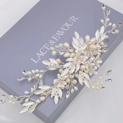 Twilight Designs Zelda Silber Blumen und Blätter Hochzeit Haarspange* Perlen-haarschmuck | Silberne Haar-accessoires