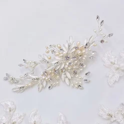 Twilight Designs Zelda Silber Blumen und Blätter Hochzeit Haarspange* Perlen-haarschmuck | Silberne Haar-accessoires